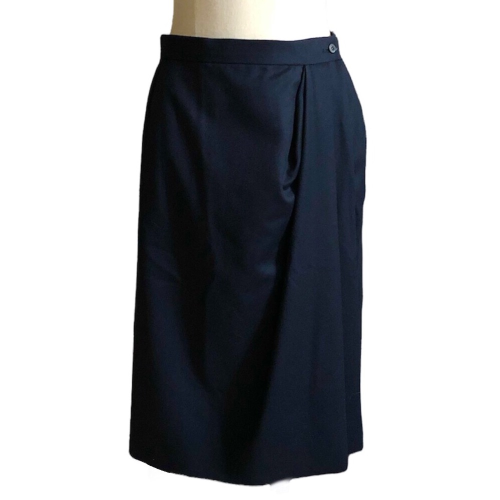 YVES SAINT LAURENT RIVE GAUCHE Navy Pleated Wrap Wool Midi Skirt VINTAGE